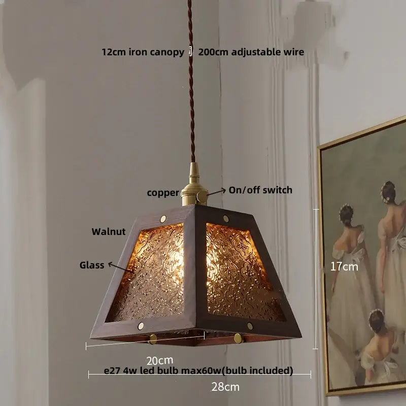 Minimalist walnut and brass glass led pendant lamp with geometric wooden frame and textured glass panels for dining room