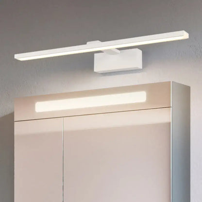 Minimalist white acrylic vanity mirror light with sleek modern led design mounted above bathroom cabinet
