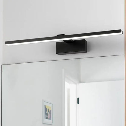 Black rectangular led vanity mirror light with sleek modern design for minimalist white acrylic bathroom fixture
