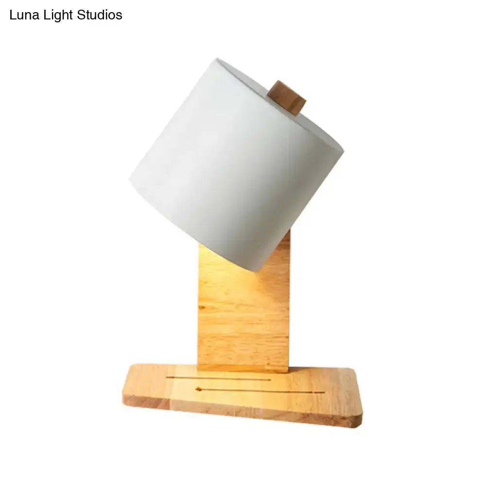 Minimalist white and green nordic wood wall sconce with cylindrical lampshade and wooden stand for bedroom lighting