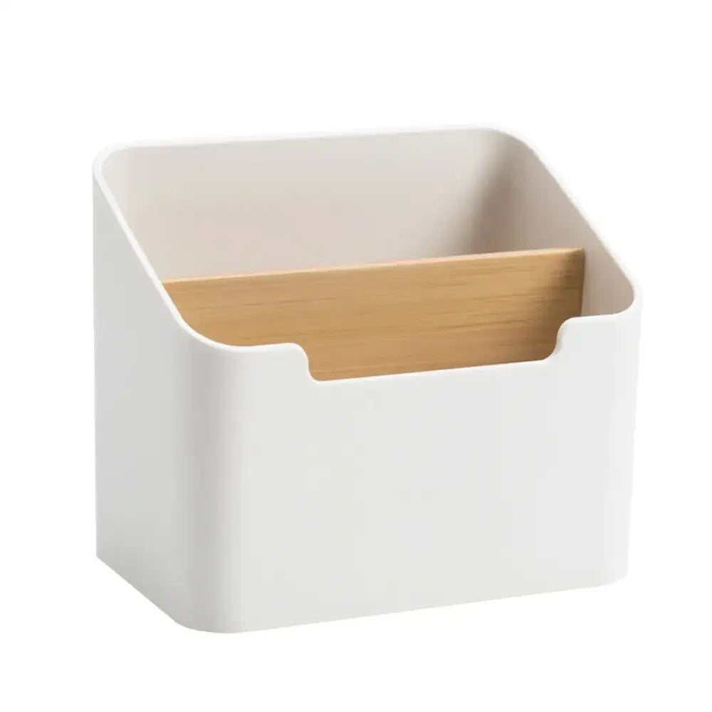 Minimalist white plastic storage rack with light wood divider offering a stylish office supplies storage solution