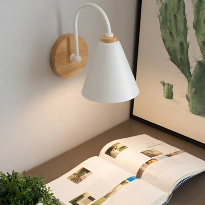 Minimalist white conical wall sconce with wooden base and curved arm LED incandescent fluorescent wall light for bedroom