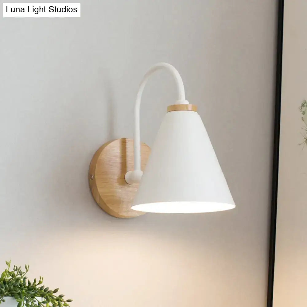 Minimalist white conical wall sconce with curved metal arm and natural wood base suitable for led incandescent fluorescent wall light