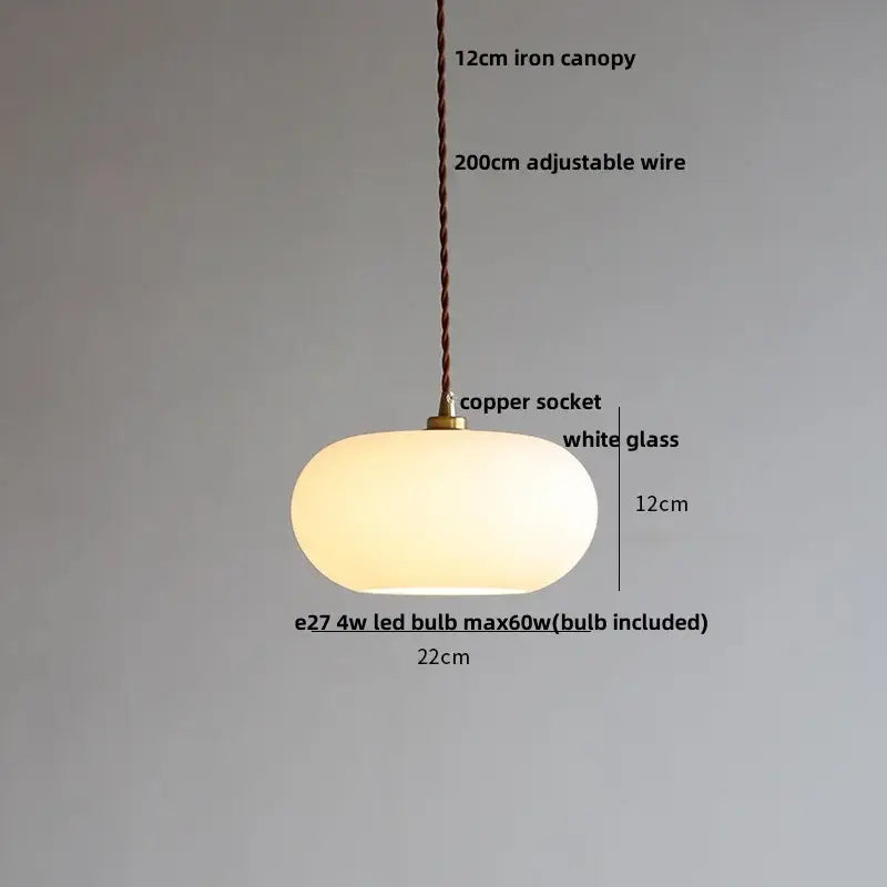 Minimalist white ceramic led pendant lamp with a smooth glass led pendant shade and copper socket for warm glow lighting