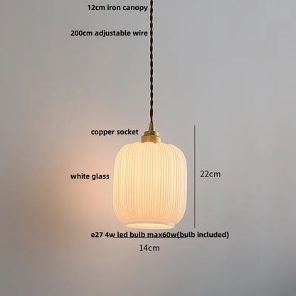 Minimalist white ceramic led pendant lamp with warm glow featuring a ribbed glass led pendant and brass copper socket