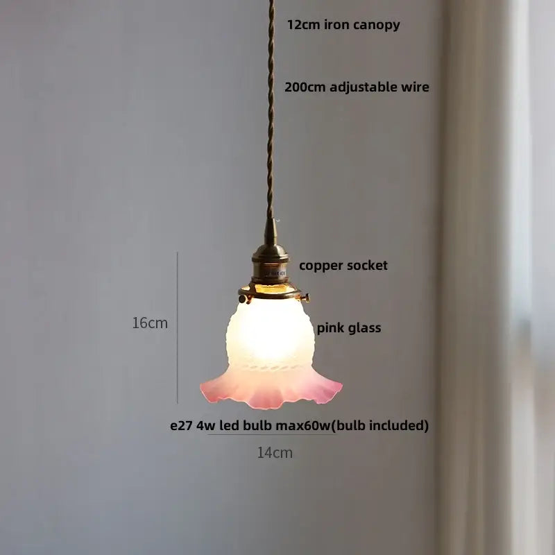 Delicate pink glass led pendant lamp with copper socket and 12cm iron canopy for warm dining room glow