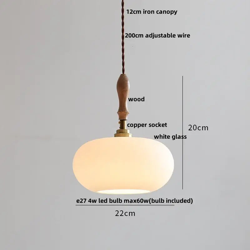Minimalist white ceramic led pendant lamp with glass led pendant shade and wood finished iron canopy for dining room