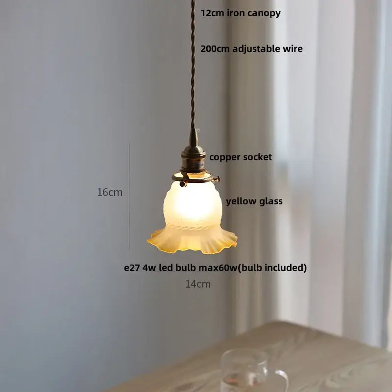 Minimalist white ceramic led pendant lamp with yellow glass led pendant shade and copper wire for warm dining room glow