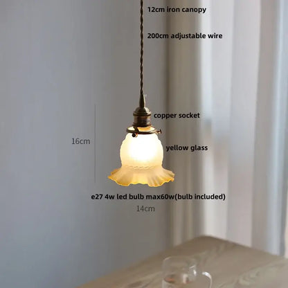 Minimalist white ceramic led pendant lamp with yellow glass led pendant shade and copper wire for warm dining room glow