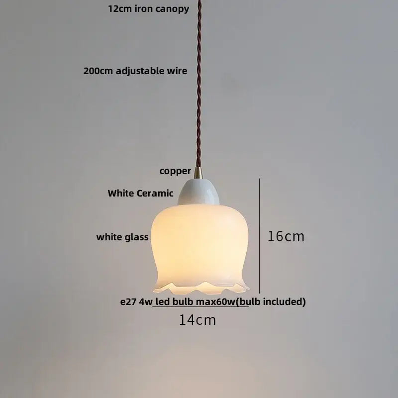 Minimalist white ceramic and glass led pendant lamp with copper top and adjustable 200cm wire suspension for dining room