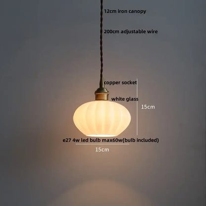 Minimalist white ceramic led pendant lamp with ridged glass led pendant shade and antique brass socket for warm glow