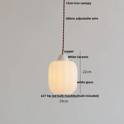 Minimalist white ceramic and glass led pendant lamp with vertical ridges and copper fitting for dining room warm glow