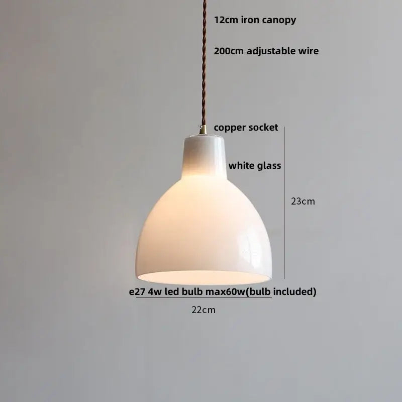 Minimalist white ceramic glass led pendant lamp with 12cm iron canopy and adjustable wire for warm dining room glow