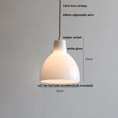 Minimalist white ceramic glass led pendant lamp with 12cm iron canopy and adjustable wire for warm dining room glow