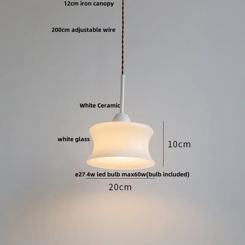 Minimalist white ceramic led pendant lamp with frosted glass shade and adjustable iron canopy for warm dining room glow