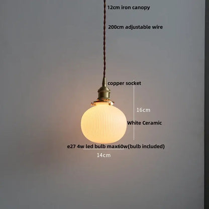 Minimalist white ceramic led pendant lamp with ribbed globe and brass copper socket for warm dining room glow