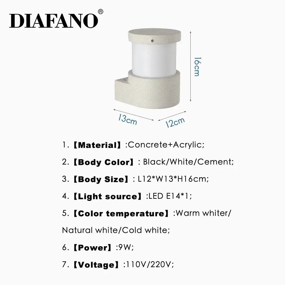 Minimalist white concrete outdoor wall lamp with cylindrical acrylic design for decorbites concrete outdoor wall use