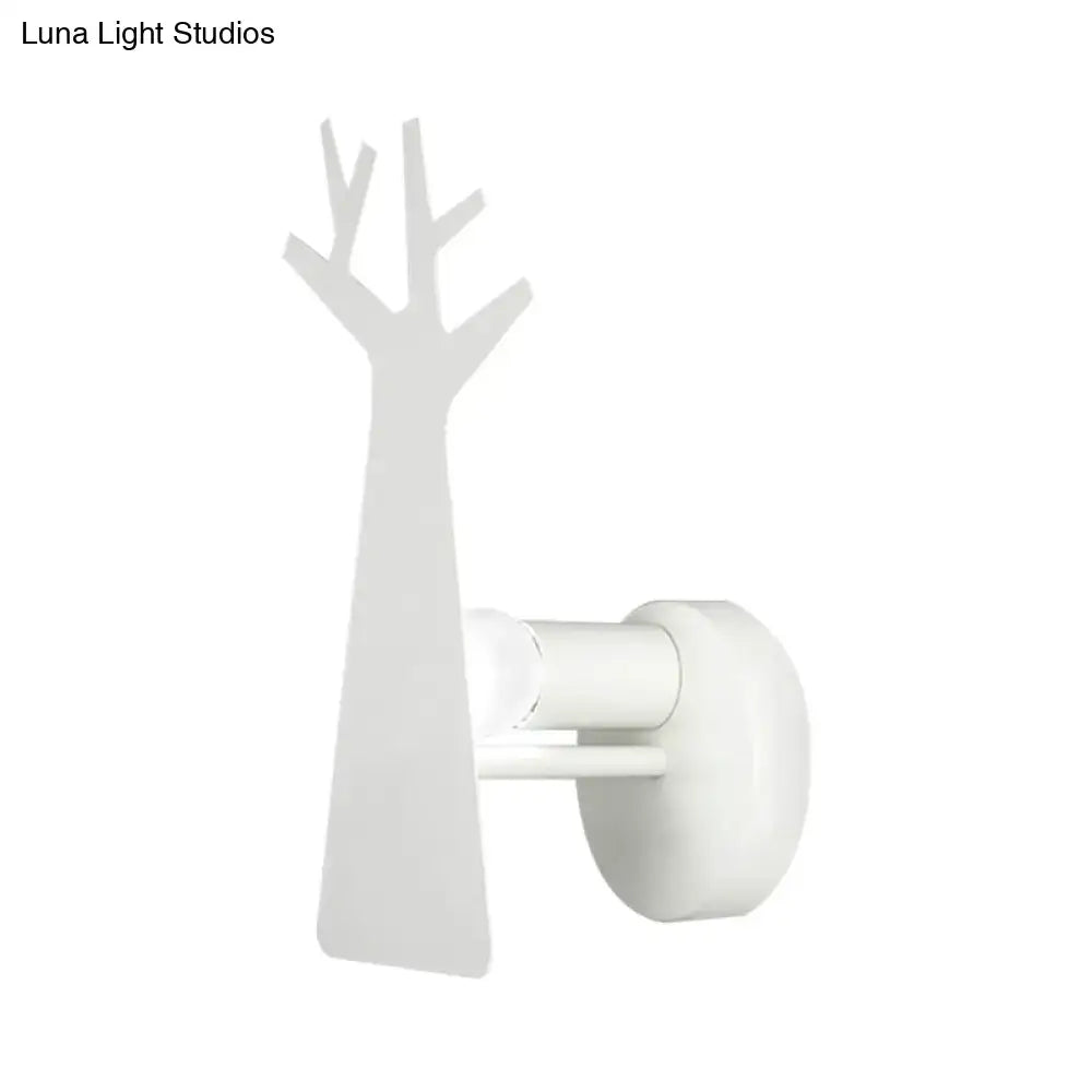 Minimalist white deer tree wall mount light bedroom sconce in sleek metal with modern silhouette for green grey white decor
