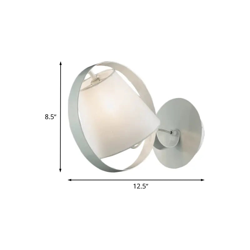 Minimalist white fabric wall light with metal ring and frosted glass shade featuring a sleek curved metal frame