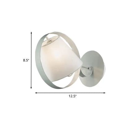 Minimalist white fabric wall light with metal ring and frosted glass shade featuring a sleek curved metal frame