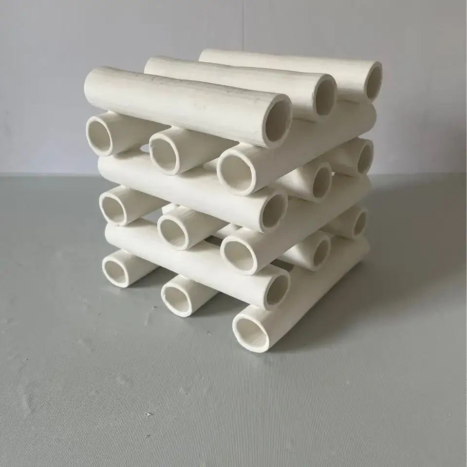 Minimalist white geometric ceramic pipe decorative figurines with a stacked interlocking design for living room decorbites decor
