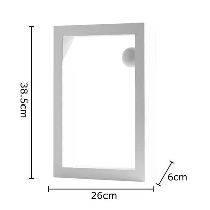 Minimalist white rectangular mirror with a sleek frame and small circular handle for decorbites geometric circle desk ornament