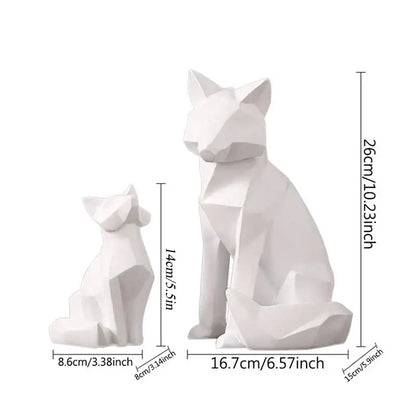 Minimalist white geometric fox sculpture and cat figurines with faceted design for modern living room decor