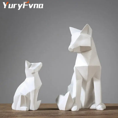 Minimalist white geometric fox sculpture with angular faceted surfaces for living room decor