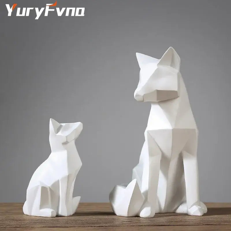 Minimalist white geometric fox sculpture with angular faceted surfaces for living room decor