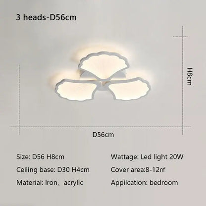 Minimalist white ginkgo biloba ceiling lamp with three iron and acrylic fan-shaped heads for bedroom decorbites ginkgo biloba