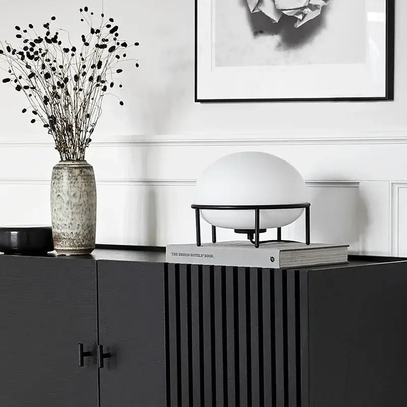 Minimalist white glass ball table lamp with black metal frame perfect for bedroom decorbites glass ball table lighting