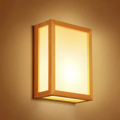 Minimalist wall sconce with white glass panel and warm-toned wooden frame ideal for corridor lighting