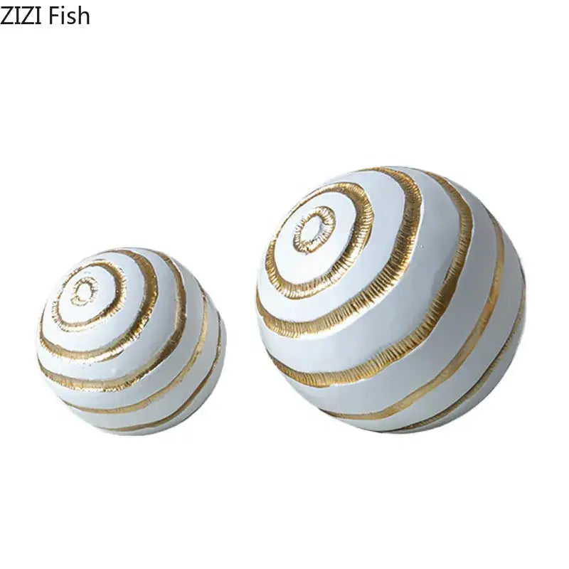 Minimalist white and gold spiral-patterned geometric desk decoration featuring golden texture balls for living room art