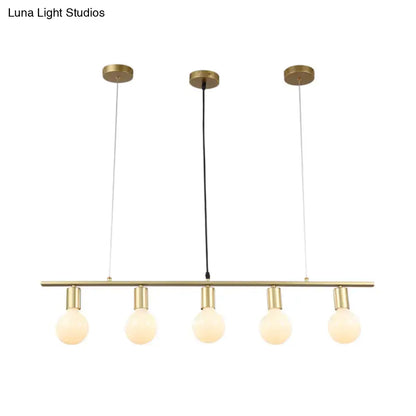 Modern brass pendant white gold linear metal island lighting with five frosted glass globe bulbs for dining room