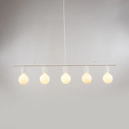 Minimalist white gold linear metal island lighting with five warm frosted glass bulbs for dining room