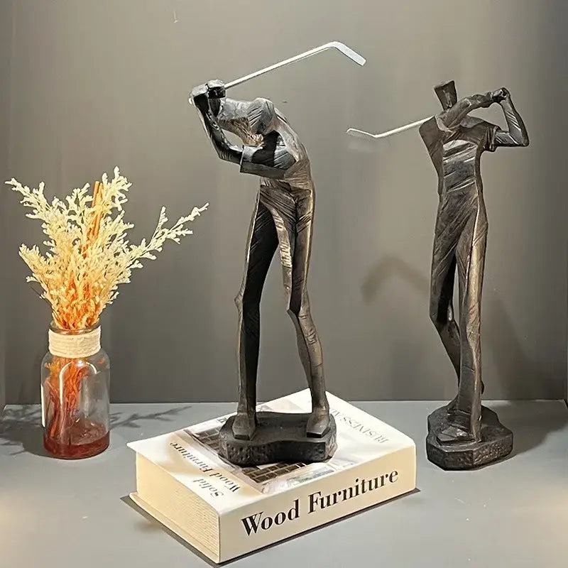 Two sleek metallic white golf sculpture resin figurines as decorative ornaments for living room decorbites decor