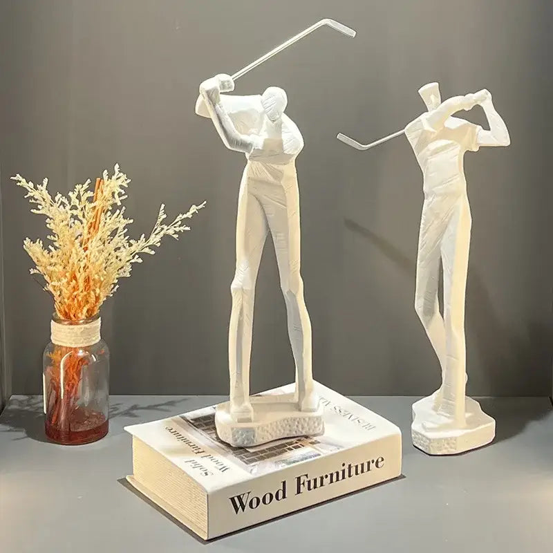 Two white resin golf player figurines in mid-swing and follow-through pose decorative ornaments for living room decorbites golf sculpture
