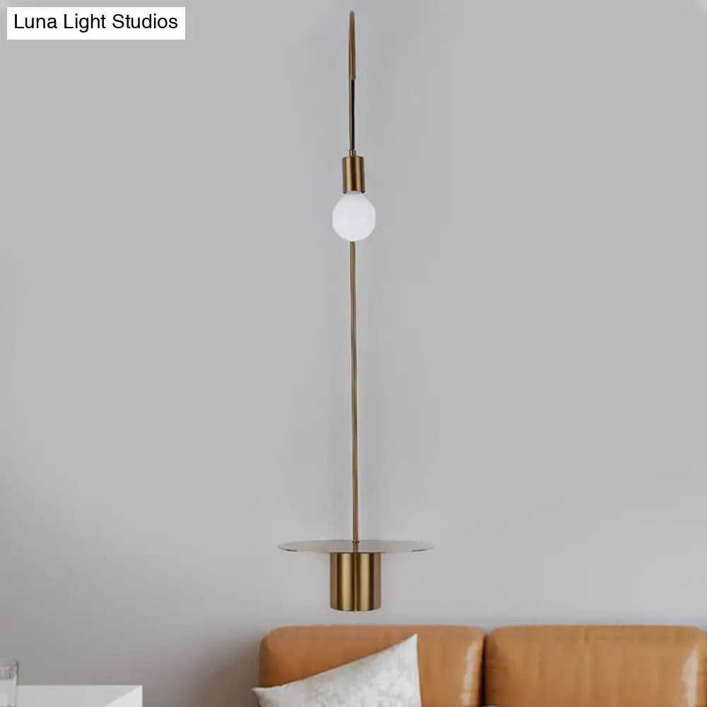 Minimalist white gooseneck wall sconce with brass spherical pendant bulb and shelf modern wall light for bedroom