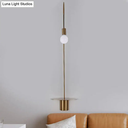 Minimalist white gooseneck wall sconce with brass spherical pendant bulb and shelf modern wall light for bedroom
