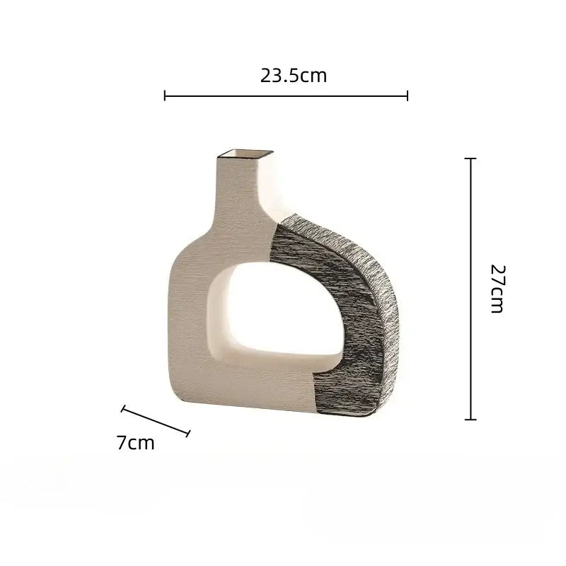 Minimalist ceramic flower vase with geometric stripes featuring a matte beige body and charcoal gray accent for living room