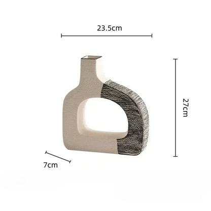 Minimalist ceramic flower vase with geometric stripes featuring a matte beige body and charcoal gray accent for living room