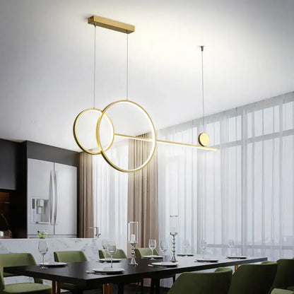 Modern gold-toned circular linear led hanging lamp with intersecting rings and sleek horizontal bar for dining rooms