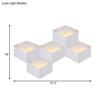 Minimalist white metallic geometric wall lamp with warm yellow cube-shaped led light fixture for corridor use