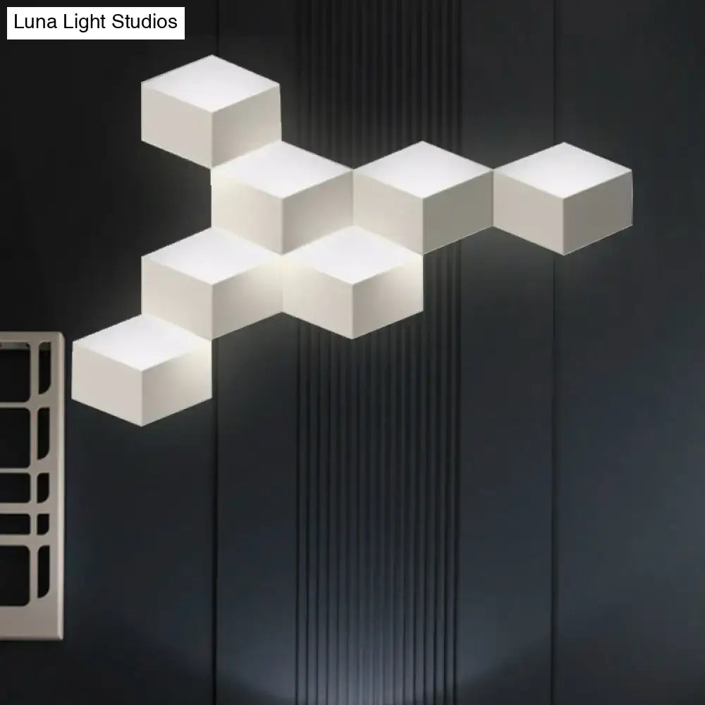 Minimalist white metallic geometric wall mount light featuring a modern cube-shaped led wall lamp for corridor use