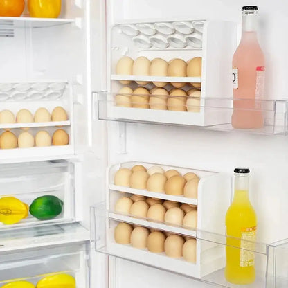 Minimalist white plastic egg storage rack with multiple compartments holding brown eggs for kitchen organization