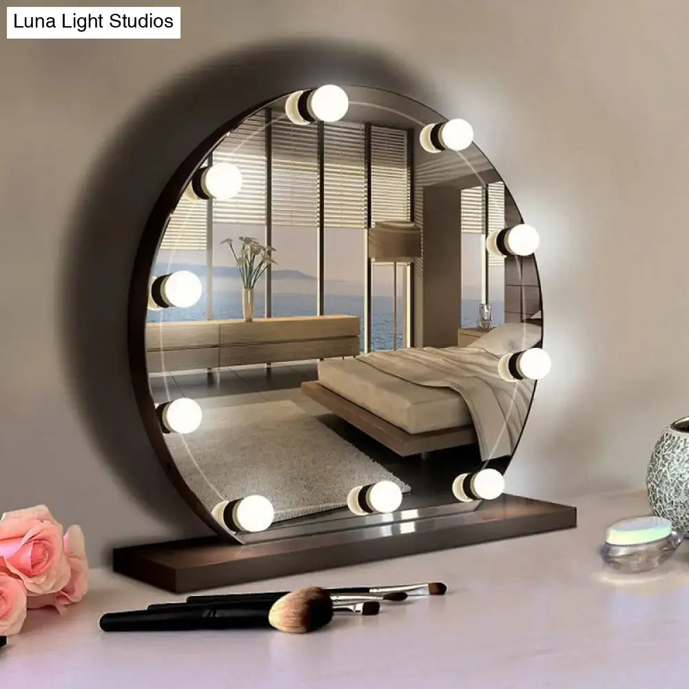 Circular black frame led vanity mirror with ten bright white led bulbs ideal for minimalist vanity strip lighting