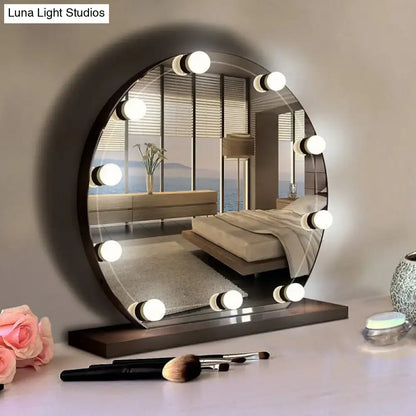 Circular black frame led vanity mirror with ten bright white led bulbs ideal for minimalist vanity strip lighting