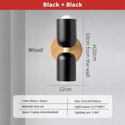 Black iron art wall lamp with circular wood backplate featured in minimalist decorbites cream zipper wooden bedroom light