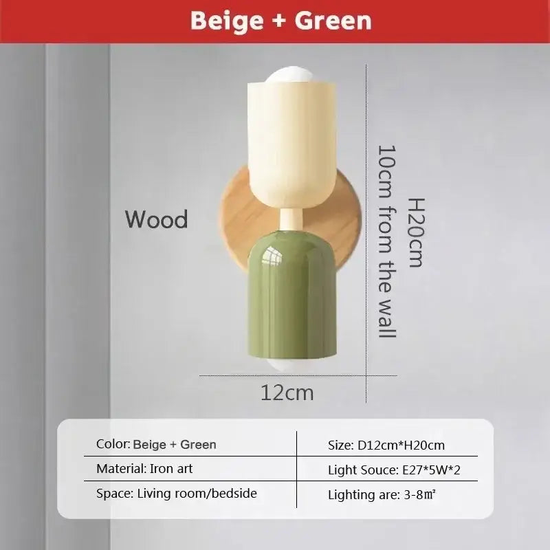 Beige and green iron art wall lamp with wooden circular backplate from decorbites cream zipper wooden collection