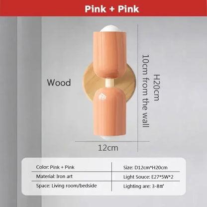 Pink cylindrical iron art wall lamp with wooden backplate decorbites cream zipper wooden bedroom light
